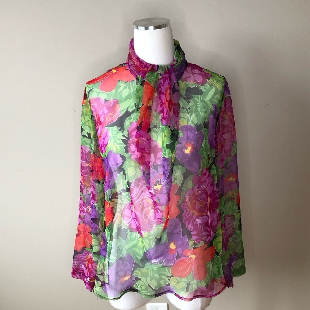 Beautiful vintage floral sheer high neck blouse S